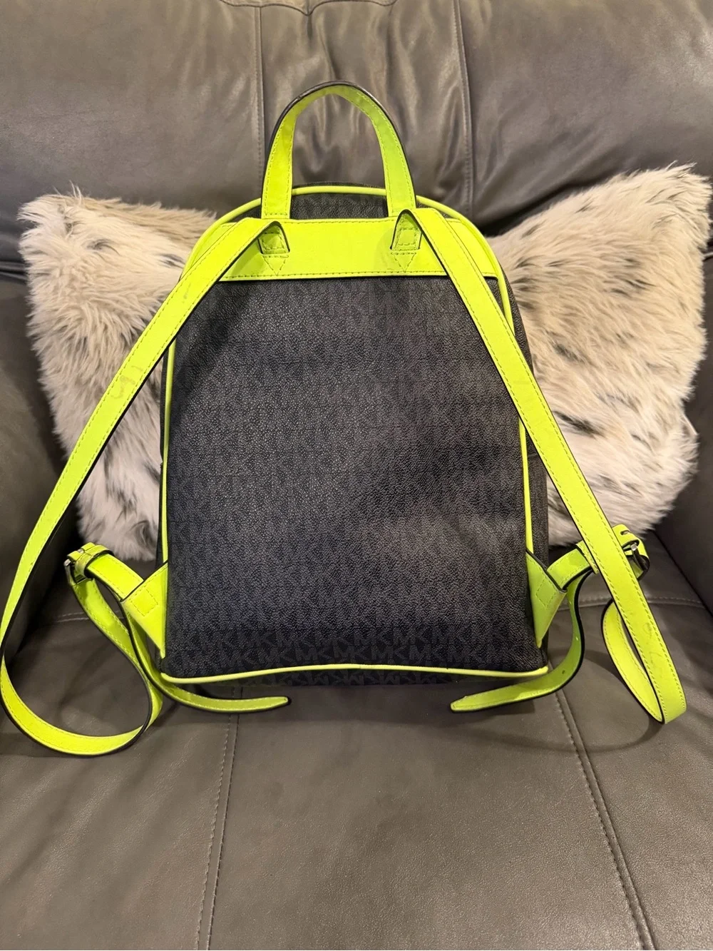 Micheal Kors Fulton Backpack - Black Signature Logo Print with Neon Green Piping